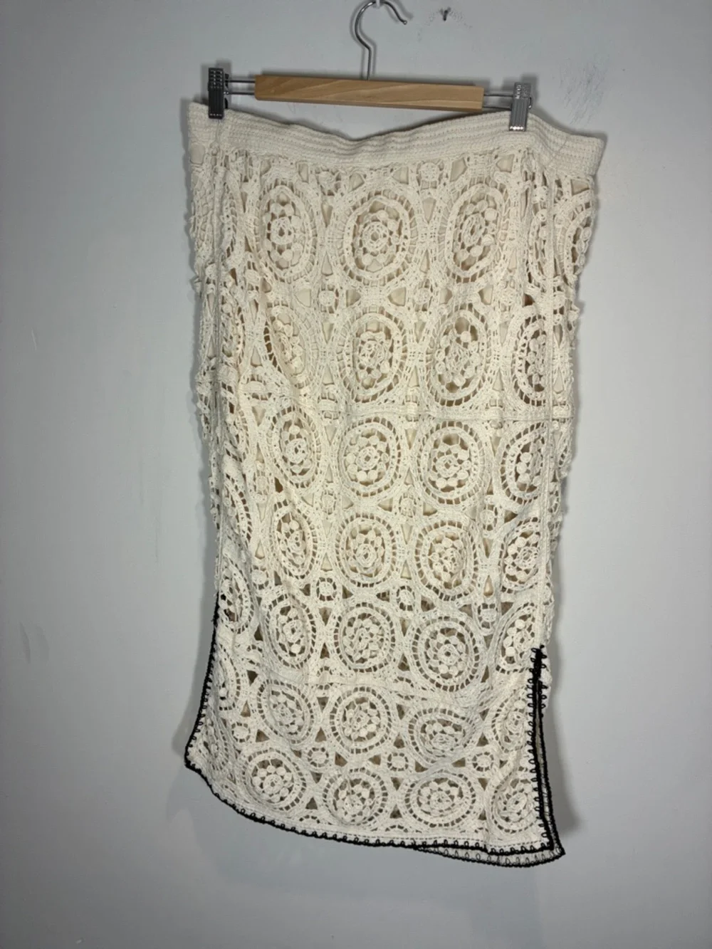 Boho Crochet Midi Skirt Cream w/ Black Trim Side Slit Lined XL - Picture 3 of 11